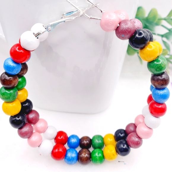 Wooden Hoop Earrings, Multicolor Large Hoop Earrings 2.7 Inch - Picture 4 of 5